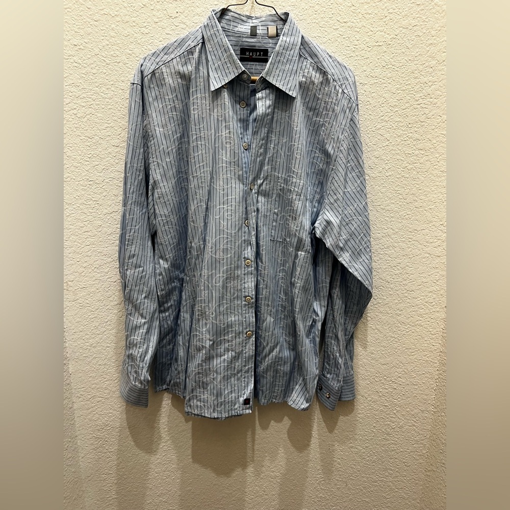 Haupt Men's Blue Pinstripe Embroidered Button Down Shirt